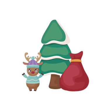 Noel ağacı ve beyaz arka planda hediye çantası olan ren geyiği.