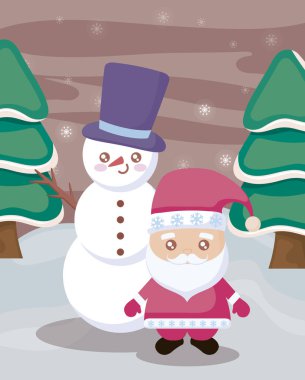 Kış manzarasında Noel Baba ve Kardan Adam.