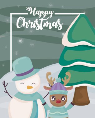 Kış manzarasında Kardan Adam ve Ren Geyiği ile Mutlu Noeller etiketi