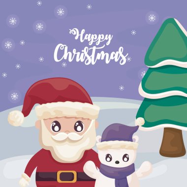 Noel Baba ve kutup ayısıyla Mutlu Noeller etiketi