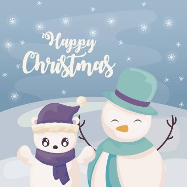 Kış manzarasında Kardan Adam ve Kutup Ayısı ile Mutlu Noeller etiketi