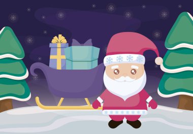 Kış manzarasında kızak ve hediye kutularıyla Noel Baba