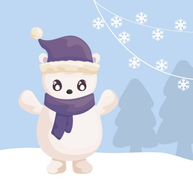 Kış manzarasında şapka ve atkıyla kutup ayısı