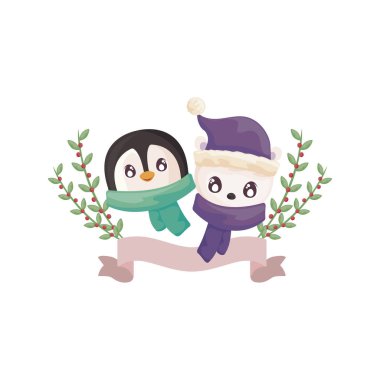 Beyaz arka planda penguen ve kutup ayısı başı