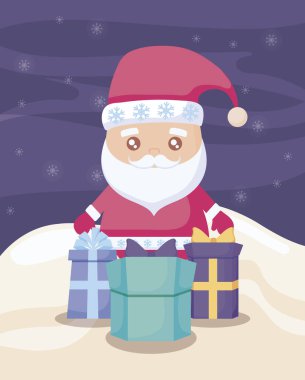 Kış manzarasında hediye kutularıyla Noel Baba