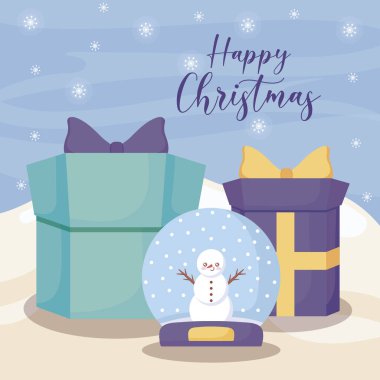 Kış manzarasında hediye kutusuyla mutlu noel etiketleri