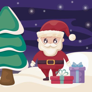 Kış manzarasında hediye kutularıyla Noel Baba