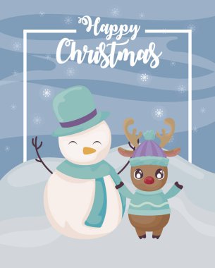 Kış manzarasında Ren geyiğiyle Mutlu Noeller etiketi