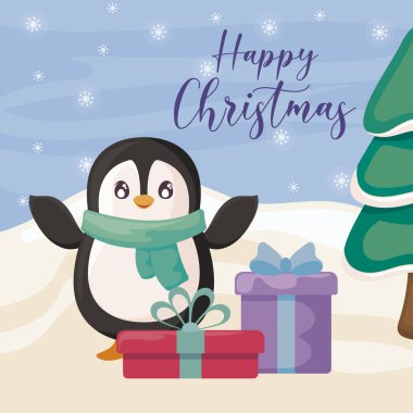 Penguen ve hediye kutularıyla mutlu noel etiketleri