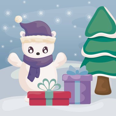 Kış manzarasında hediye kutularıyla sevimli kutup ayısı