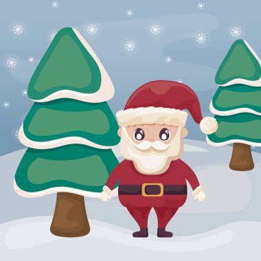 Kış manzarasında Noel Baba ve Noel ağaçları