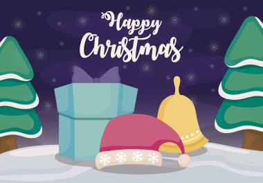 Kış manzarasında hediye kutusuyla mutlu noel etiketleri