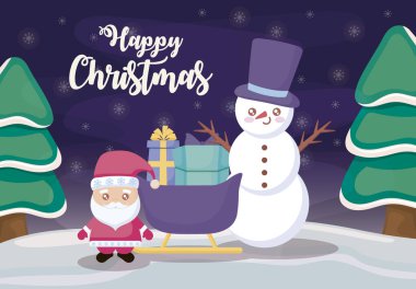 Kış manzarasında Noel Baba ve Kardan Adam.