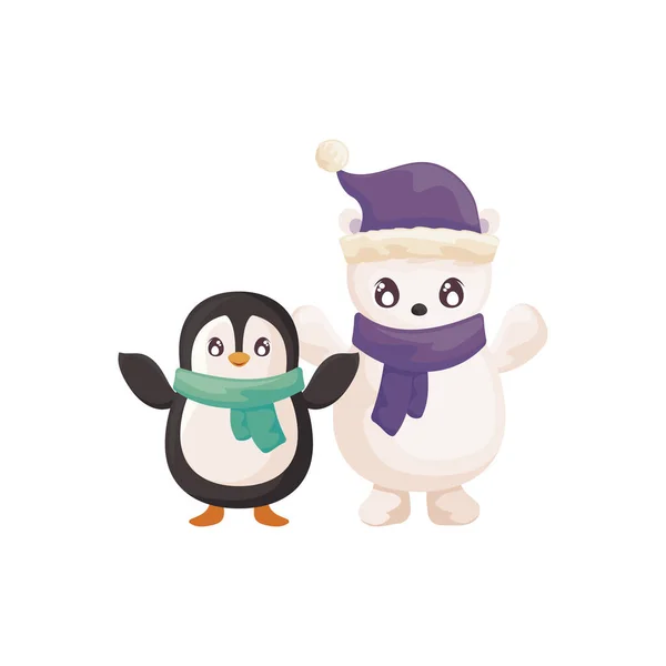 Pinguin und Eisbär mit Schal auf weißem Hintergrund — Stockvektor
