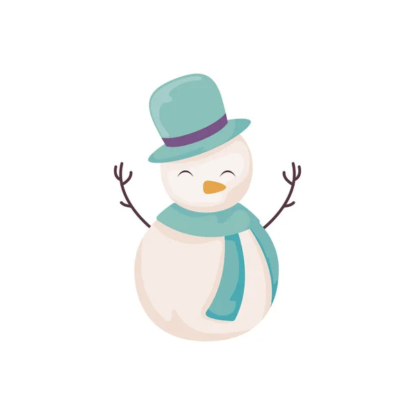 Bonhomme de neige mignon avec chapeau et écharpe sur fond blanc — Image vectorielle