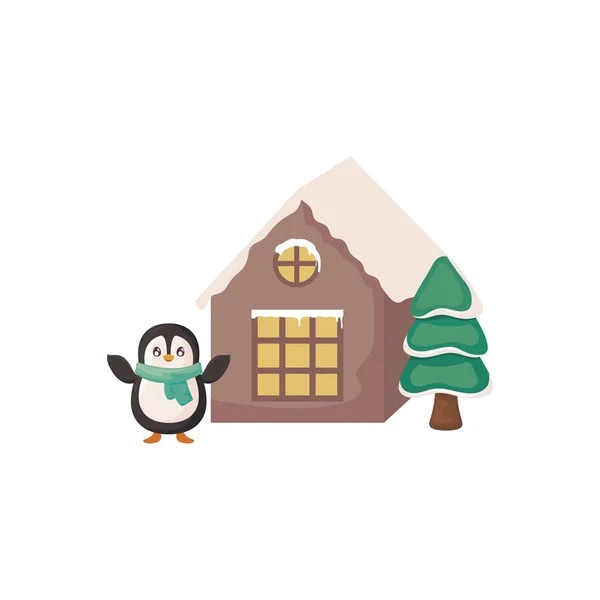 Pinguïn met huis en kerstbomen op witte achtergrond — Stockvector
