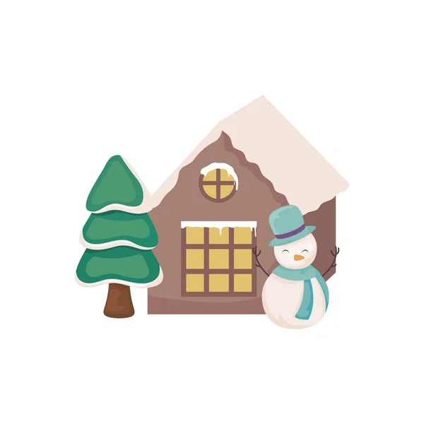 Schneemann mit Haus und Weihnachtsbäumen auf weißem Hintergrund — Stockvektor
