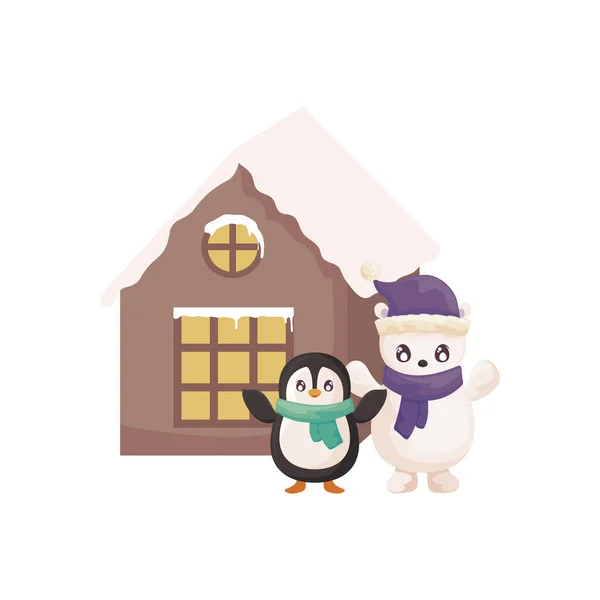 Pinguin und Eisbär mit Familienhaus im Hintergrund — Stockvektor