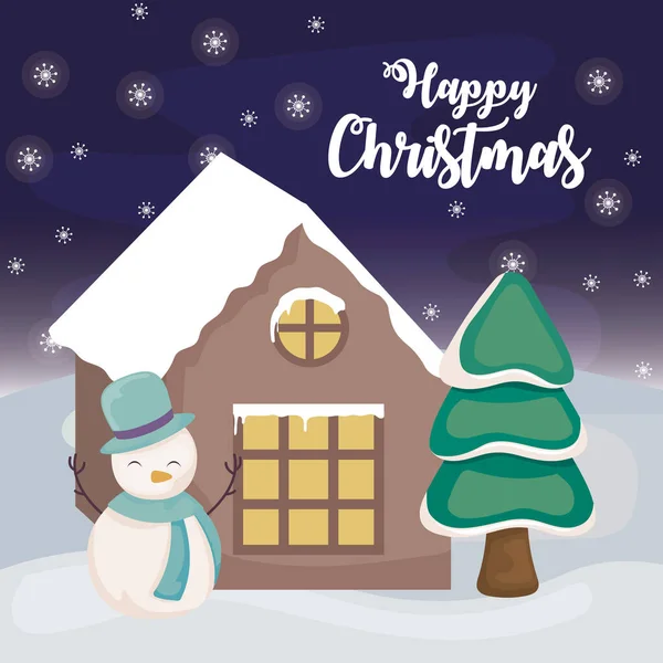 Kış manzarasında Kardan Adam ve Evle Mutlu Noeller etiketi