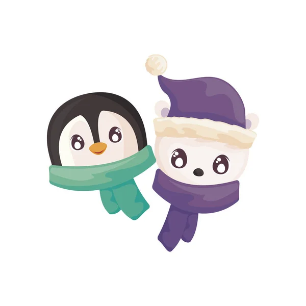 Cabeza de pingüino y oso polar sobre fondo blanco — Vector de stock