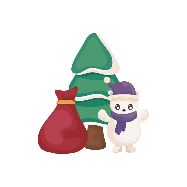 Oso polar con bolsa de regalos y árbol de Navidad sobre fondo blanco — Vector de stock