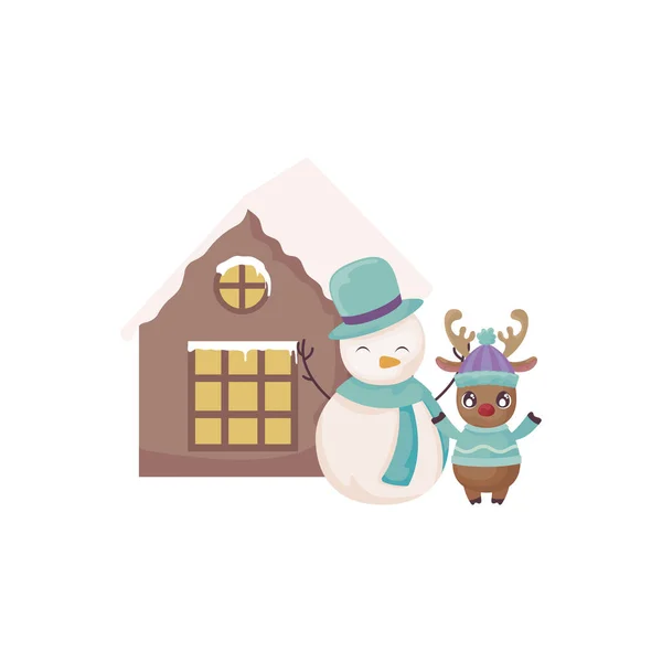 Snowman and reindeer with family house of background — Wektor stockowy