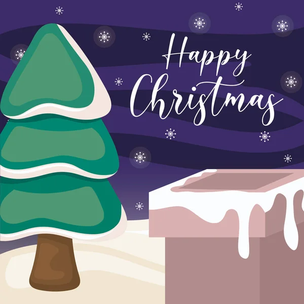 Kış manzarasında Noel ağacı ve baca ile mutlu noel etiketleri