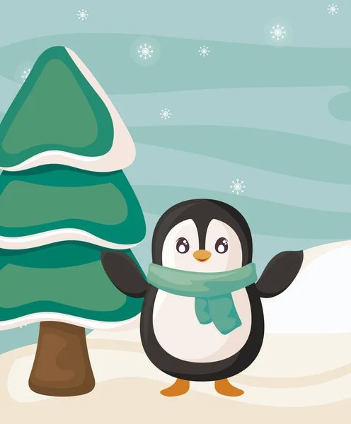 Pingüino con bufanda y árbol de Navidad en el paisaje de invierno — Vector de stock
