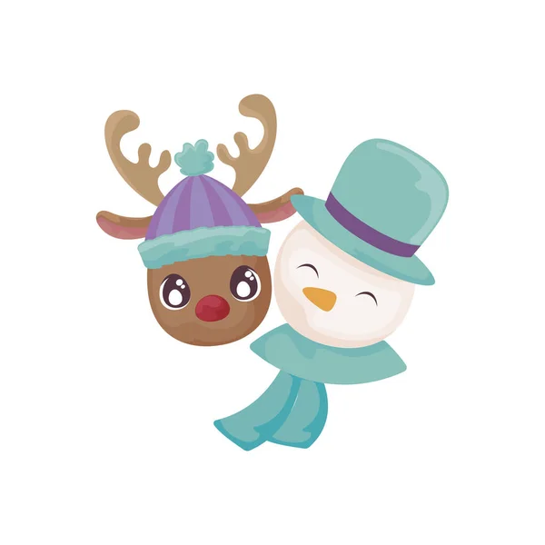 Head of snowman and reindeer on white background — 图库矢量图片