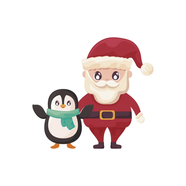 Weihnachtsmann mit Pinguin auf weißem Hintergrund — Stockvektor