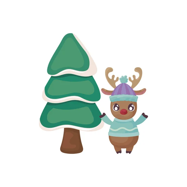 Reno con árbol de Navidad sobre fondo blanco — Vector de stock