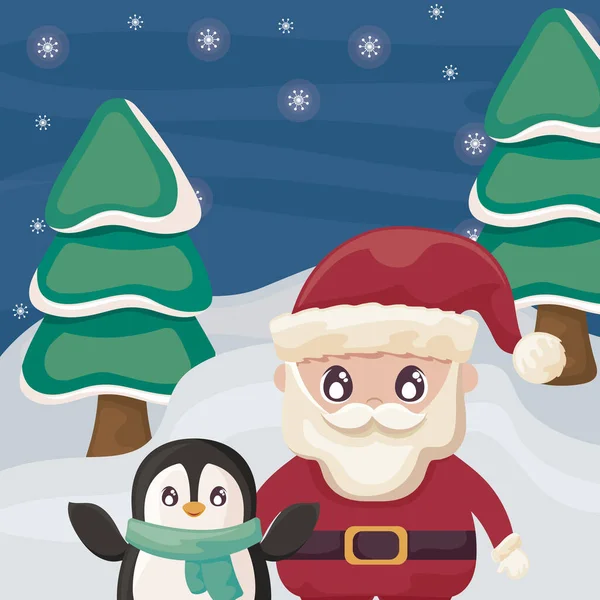 Święty Mikołaj z pingwinem na zimowym krajobrazie — Wektor stockowy