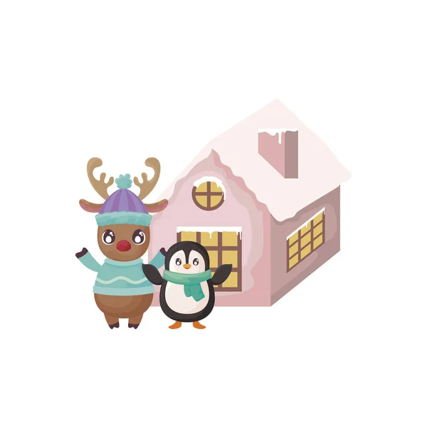 Pinguin und Rentier mit Familienhaus im Hintergrund — Stockvektor