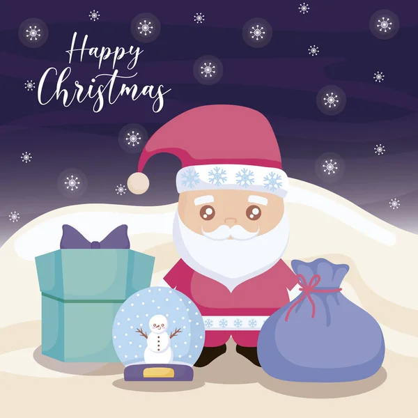 Noel Baba ve kış manzarasında hediye kutuları ile mutlu noel etiketleri