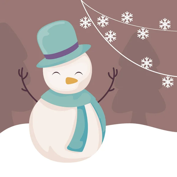 Lindo muñeco de nieve con sombrero y bufanda en el paisaje de invierno — Vector de stock