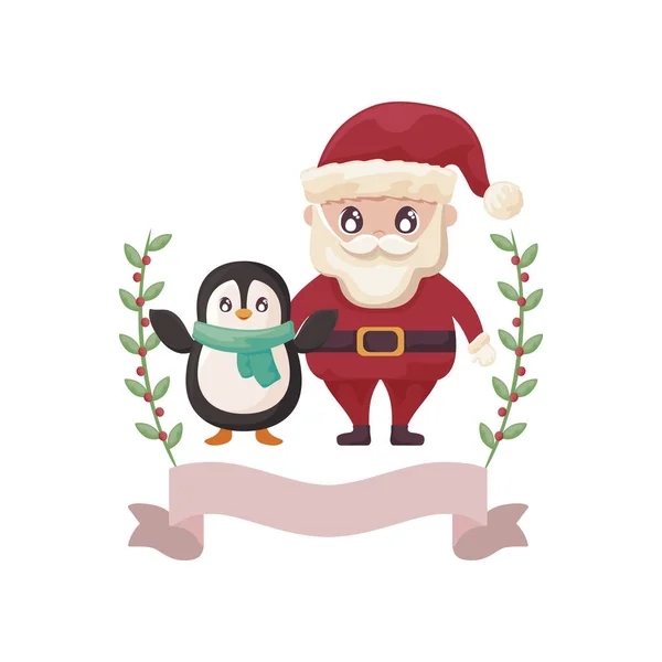 Weihnachtsmann mit Pinguin auf weißem Hintergrund — Stockvektor