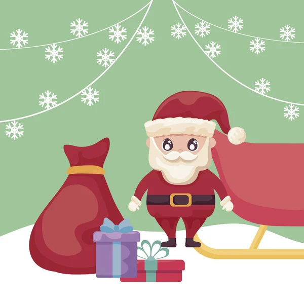 Weihnachtsmann und Geschenkschachteln mit Winterlandschaft — Stockvektor