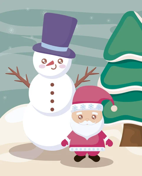Weihnachtsmann und Schneemann mit Winterlandschaft im Hintergrund — Stockvektor