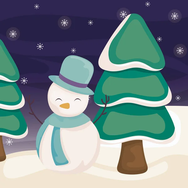 Сніговик з ялинкою на зимовому пейзажі — стоковий вектор