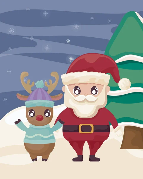 Санта-Клаус с оленями на зимнем ландшафте — стоковый вектор