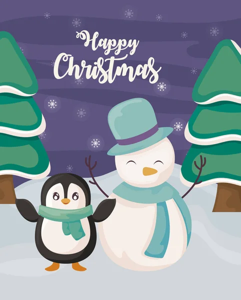 Kış manzarasında penguen ve kardan adamla mutlu noeller etiketi