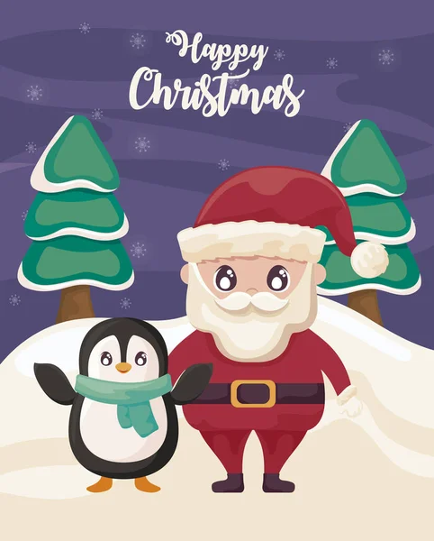 Frohe Weihnachten mit Weihnachtsmann und Pinguin — Stockvektor