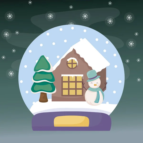 Bola de cristal com boneco de neve e casa na paisagem de inverno — Vetor de Stock