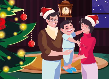 Noel süslemeli oturma odasında bir aile, Noel akşamı sahnesi