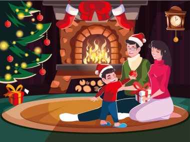 Noel süslemeli oturma odasında bir aile, Noel akşamı sahnesi