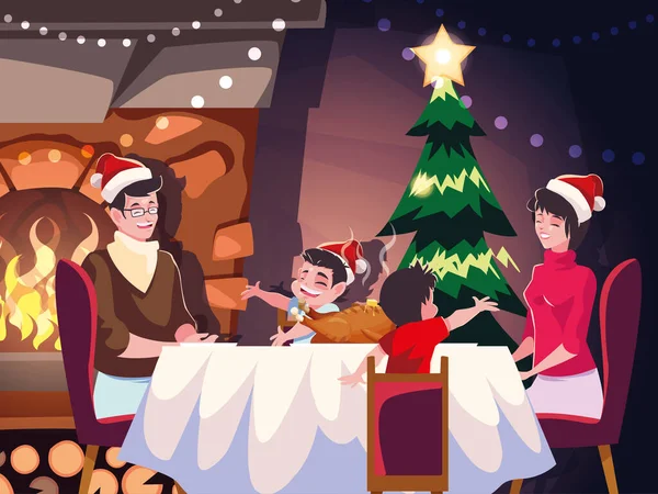 Rodina v jídelně, vánoční večer scéna — Stockový vektor