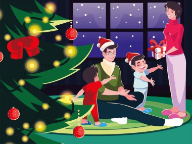Noel süslemeli oturma odasında bir aile, Noel akşamı sahnesi