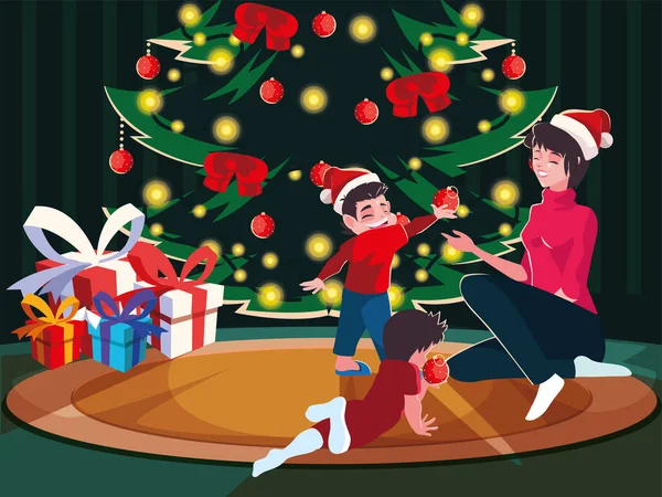 Женщина с детьми, украшающие елку, рождественская сцена вечера — стоковый вектор