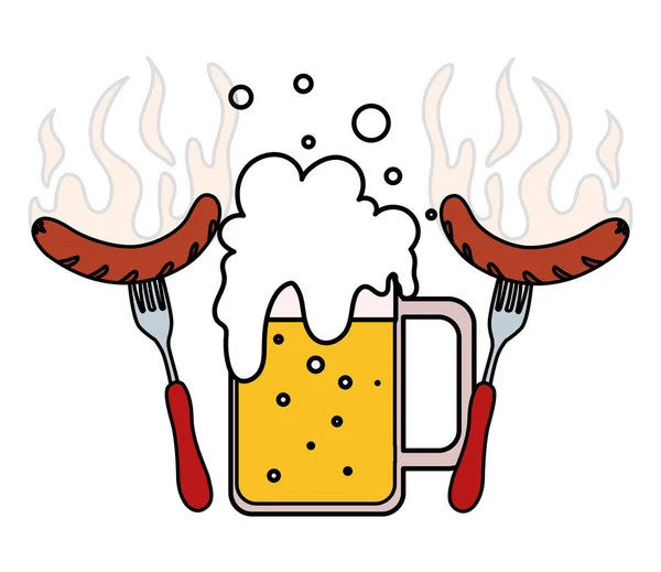 Caneca de cerveja com salsicha grelhada em fundo branco — Vetor de Stock