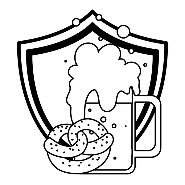 Silueta de taza con cerveza y pretzel en fondo blanco — Archivo Imágenes Vectoriales